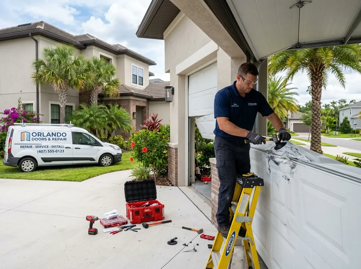 Technician repairing a damaged bottom panel on a white garage door