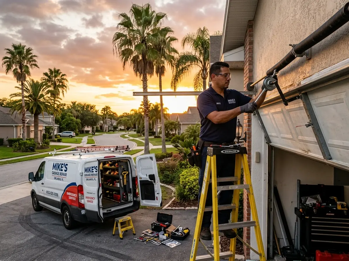 Technician on a ladder repairing a garage door track at sunset