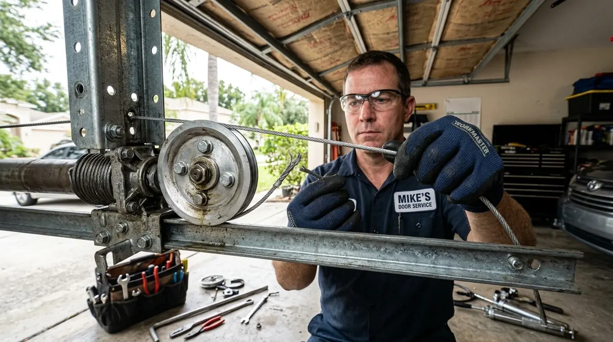 Technician in safety glasses inspecting a garage door cable drum and spring