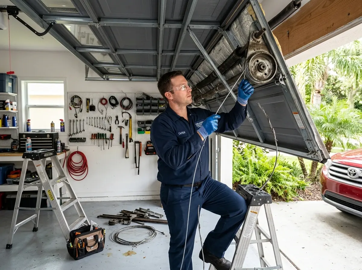 Technician adjusting the hinges and rollers of a raised garage door