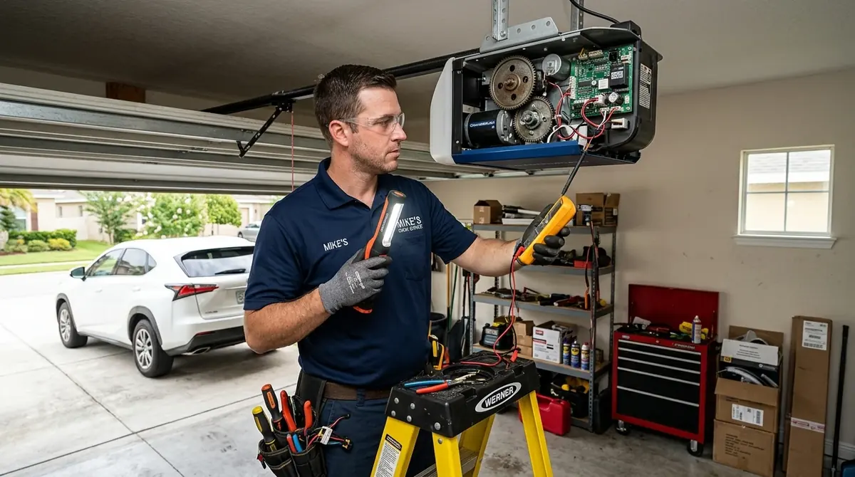 Technician testing a garage door opener circuit board with a multimeter