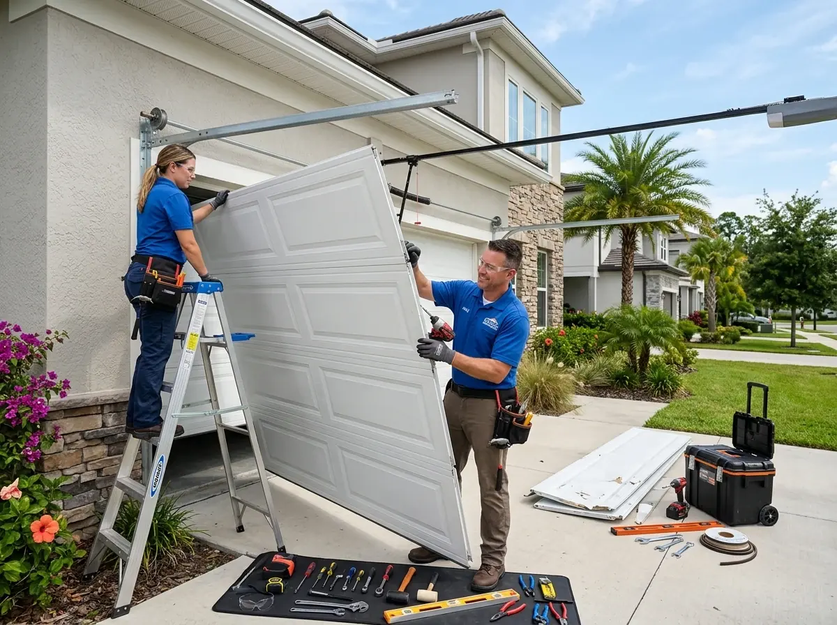 Two technicians lifting a new white garage door panel into place