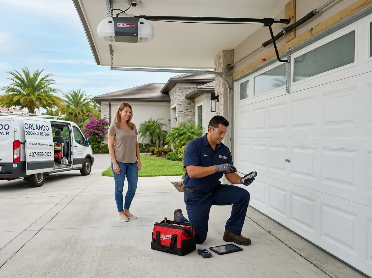 Technician programming a garage door remote while the homeowner watches