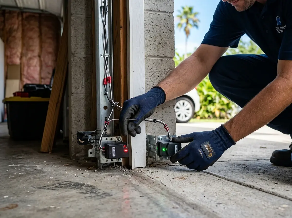 Gloved hands aligning a garage door safety sensor near the floor