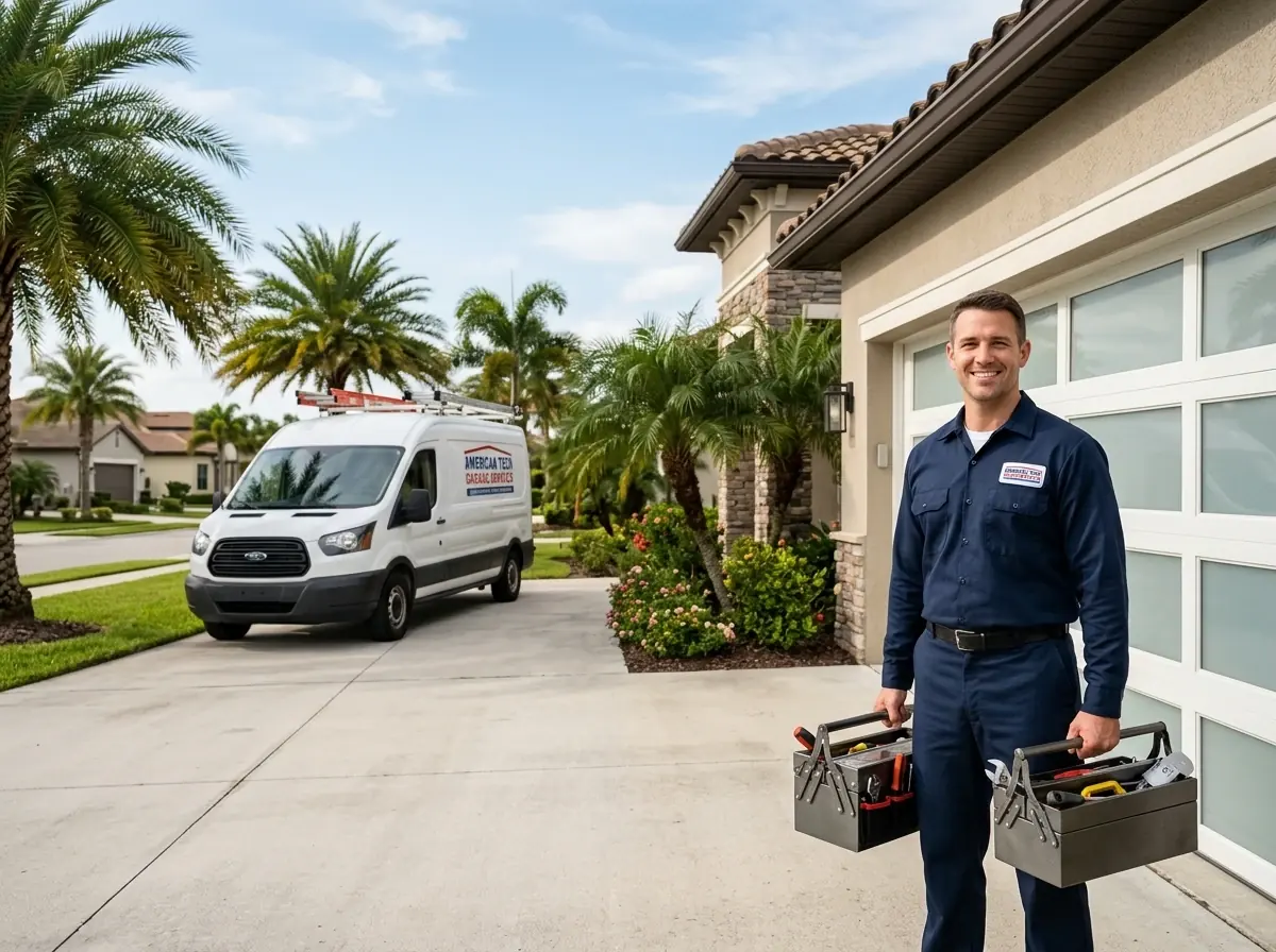 Garage door technician holding two toolboxes outside a home with a glass-panel garage door