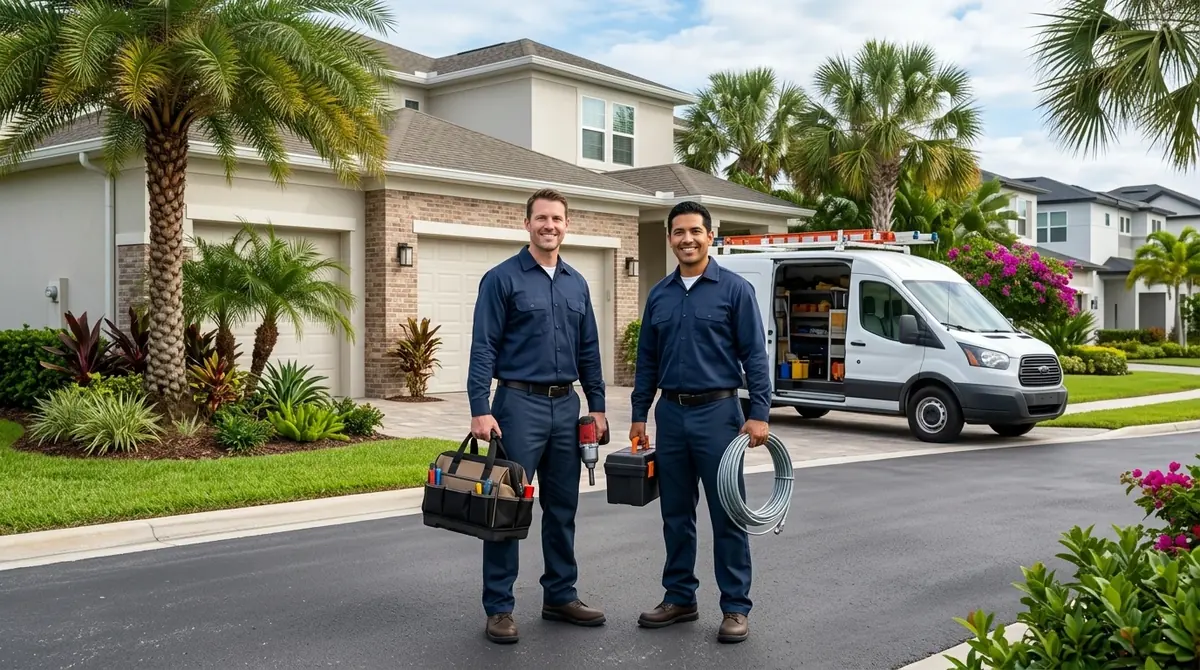 Two garage door technicians with tool bags standing on a driveway