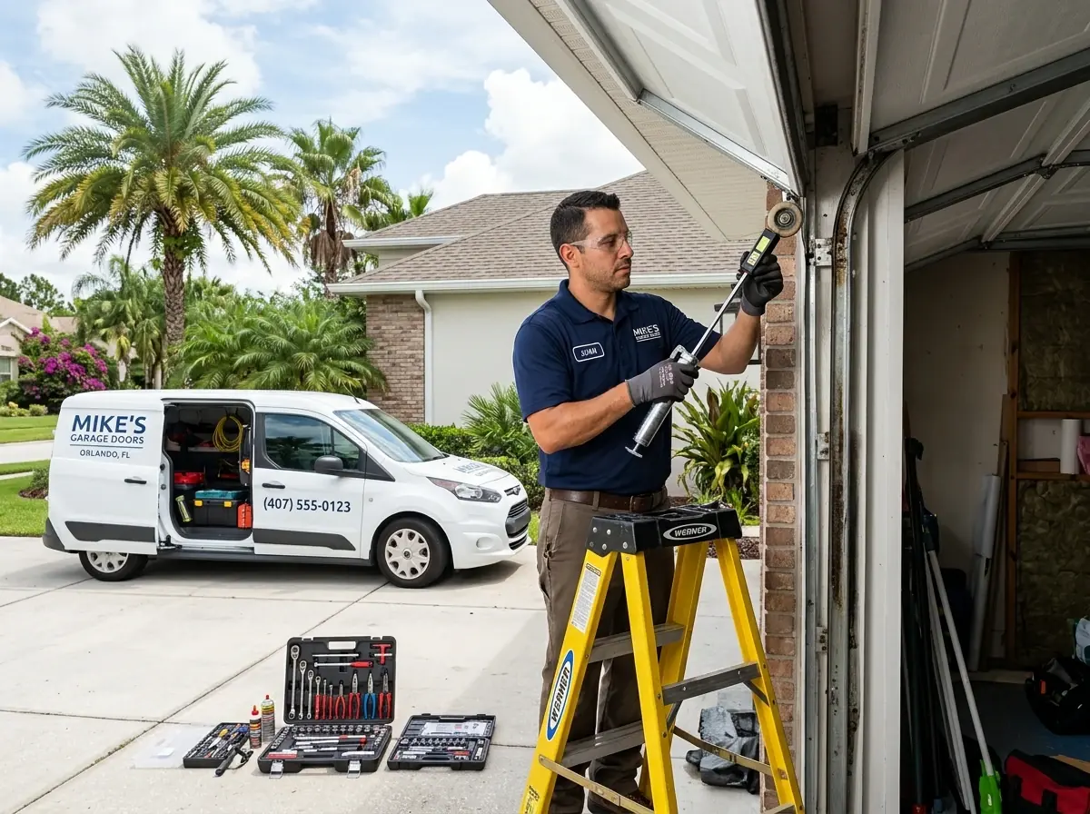 Technician on a stepladder working on a vertical garage door track