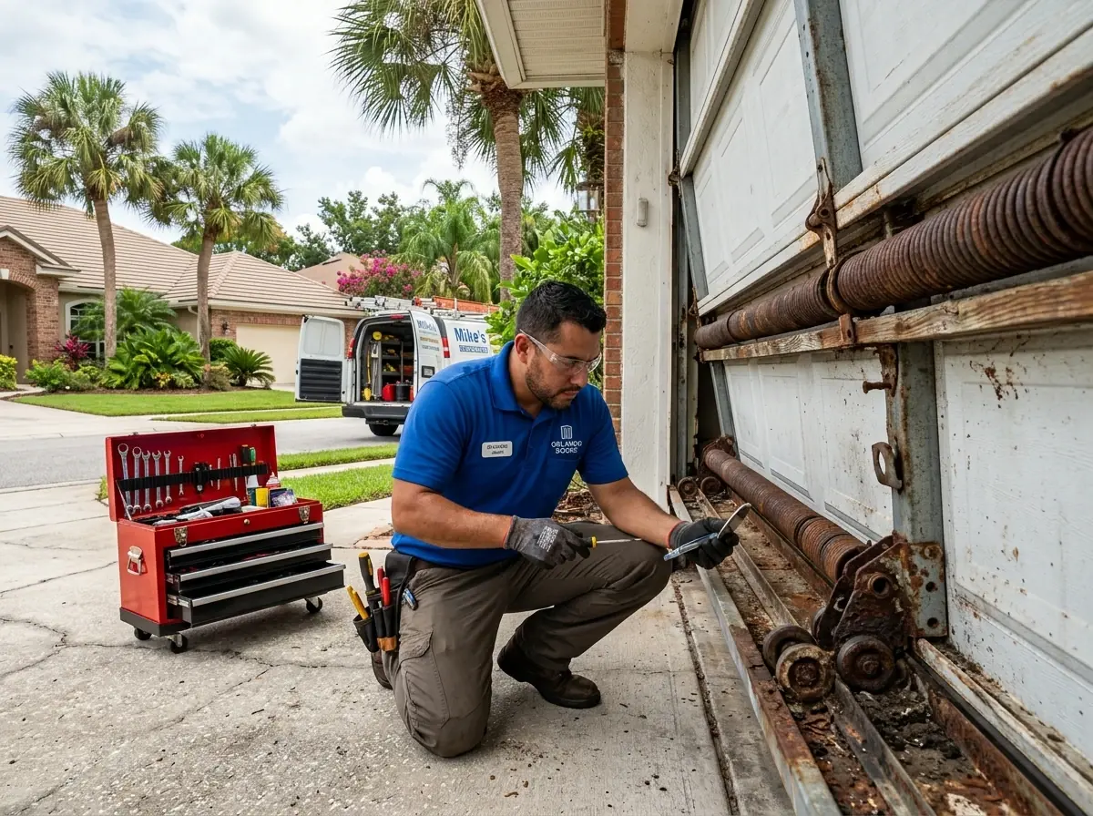 Technician inspecting rusted springs and rollers on an older garage door